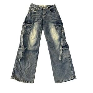 VIP Jeans Women Wide Leg Cargo Denim Pants Medium Wash Blue Y2K Size 3/26